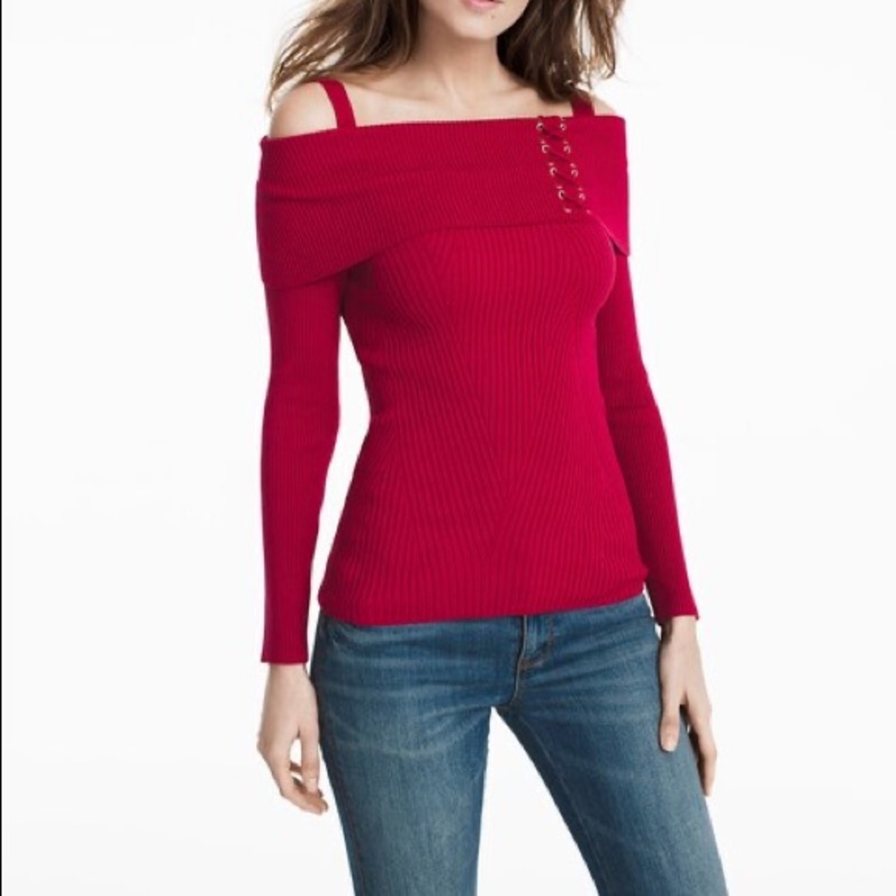 White House Black Market Cold-Shoulder Lace Up Ribbed Sweater! Magenta Size M